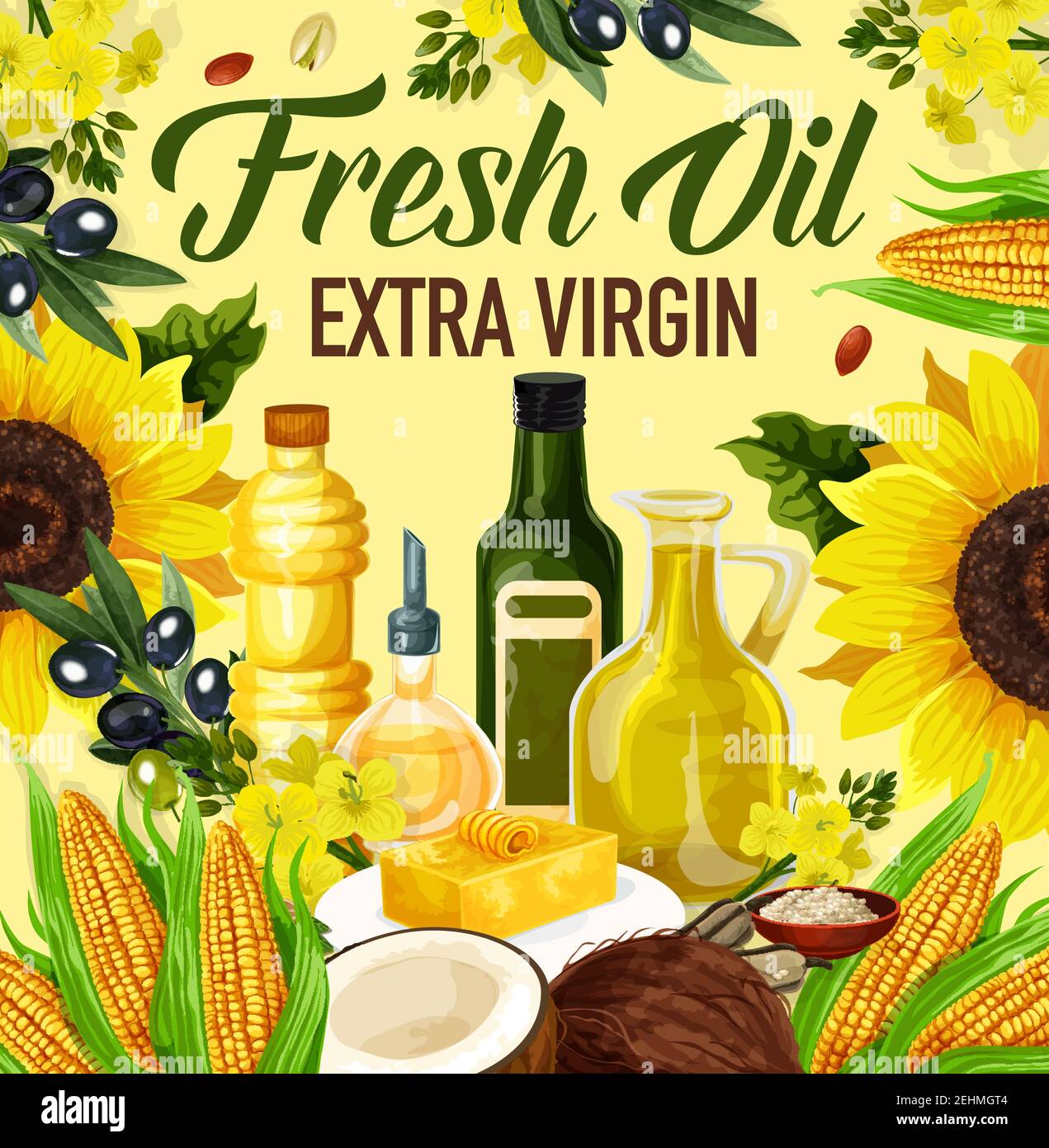 Natural oil made of sunflower seeds, olive and corn, peanuts and linseed, coconut and rapse. Vector extra virgin oils used in cosmetics, pharmaceutica Stock Vector