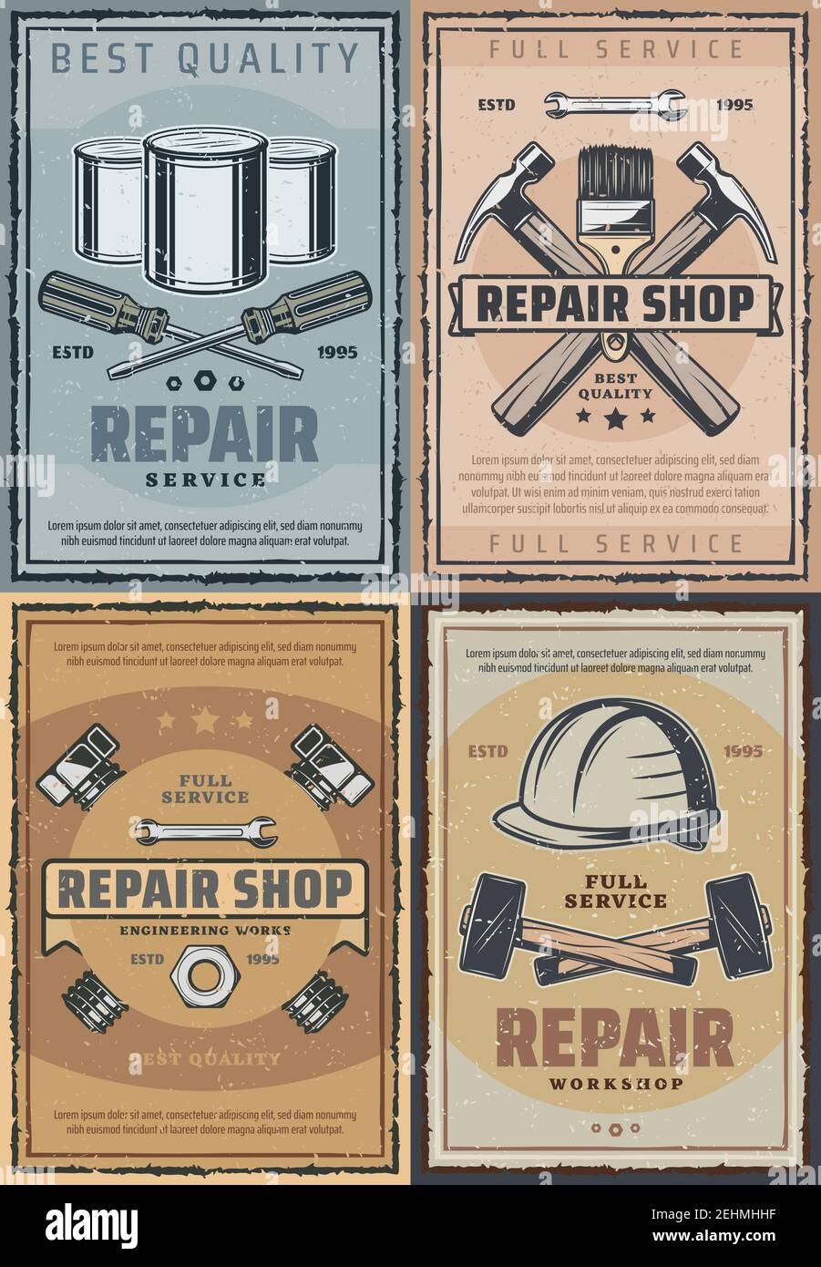 Repair service and tools shop retro design. Vector vintage design of screwdriver, screws or bolts and nuts, hammer and paintbrush or spanner and wrenc Stock Vector