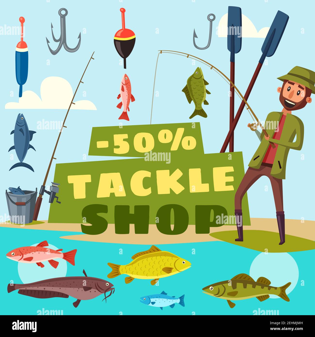 Fisher shop advertisement, fishing tackles offer. Vector cartoon design of  fisher man with rods, baits and bookers or fish catch on hook with trout or  Stock Vector Image & Art - Alamy