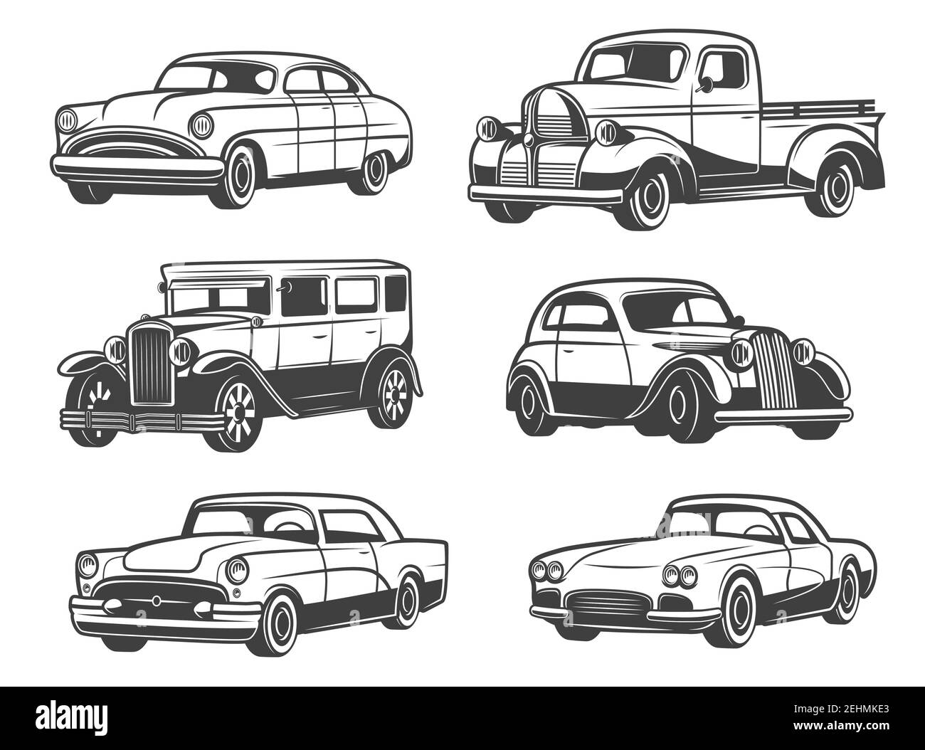 Retro cars and vintage antique vehicle models. Vector isolated icons of transport taxi cab, sport car and minivan, old luxury sedan or limousine. Car Stock Vector