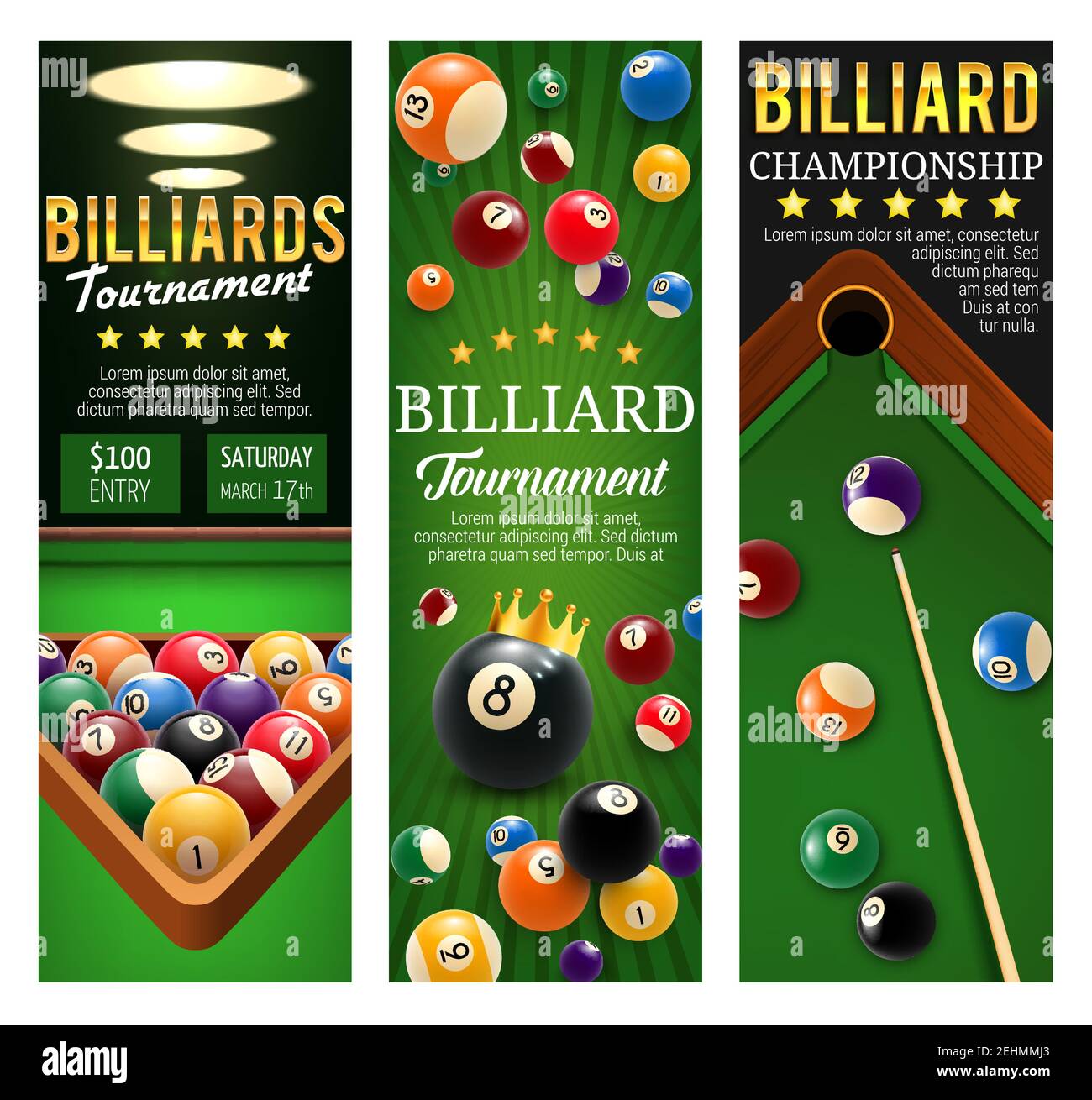 Billiard championship or snooker pool tournament announcement banners. Vector design of billiard balls on green table with cues and triangle rack or g Stock Vector