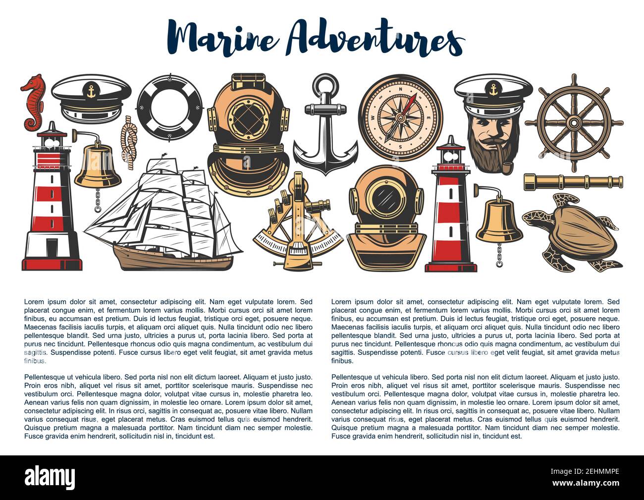 Nautical objects and sailor equipment, marine adventure and travel