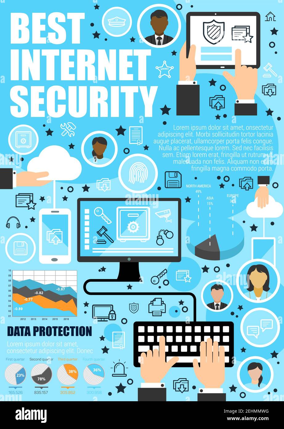 Internet security and web data exchange protection. Vector secure cloud storage technology, user files privacy and encryption in computer and smartpho Stock Vector