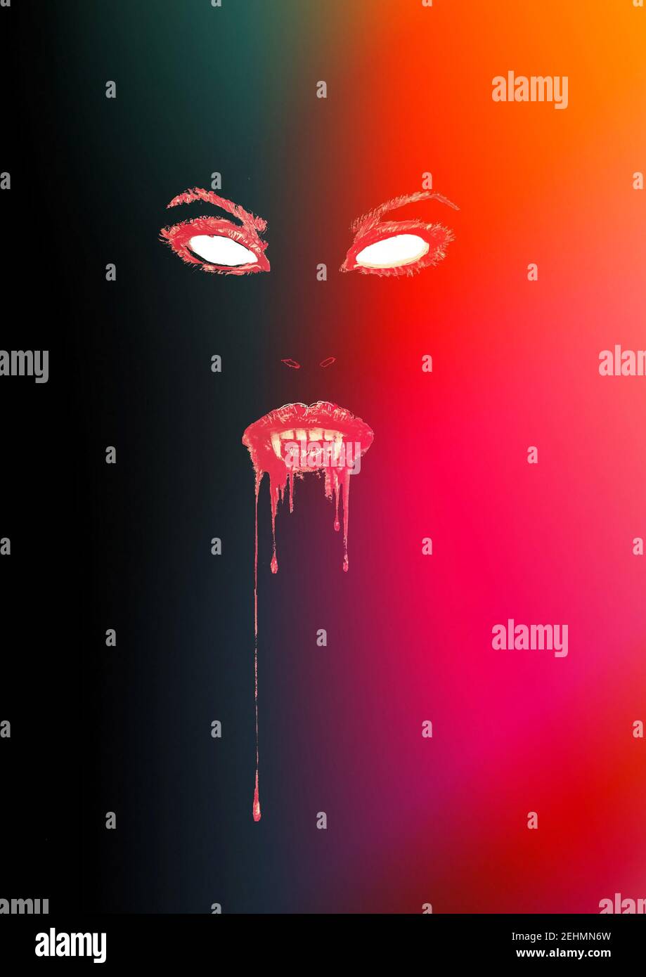 Vampire woman with blood dripping from her lips Stock Photo