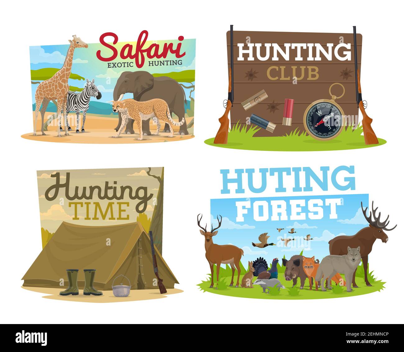 African Safari hunting and hunter club icons wild animals, birds and  camping equipment. Vector african elephant, zebra and giraffe, cheetah, elk  and d Stock Vector Image & Art - Alamy