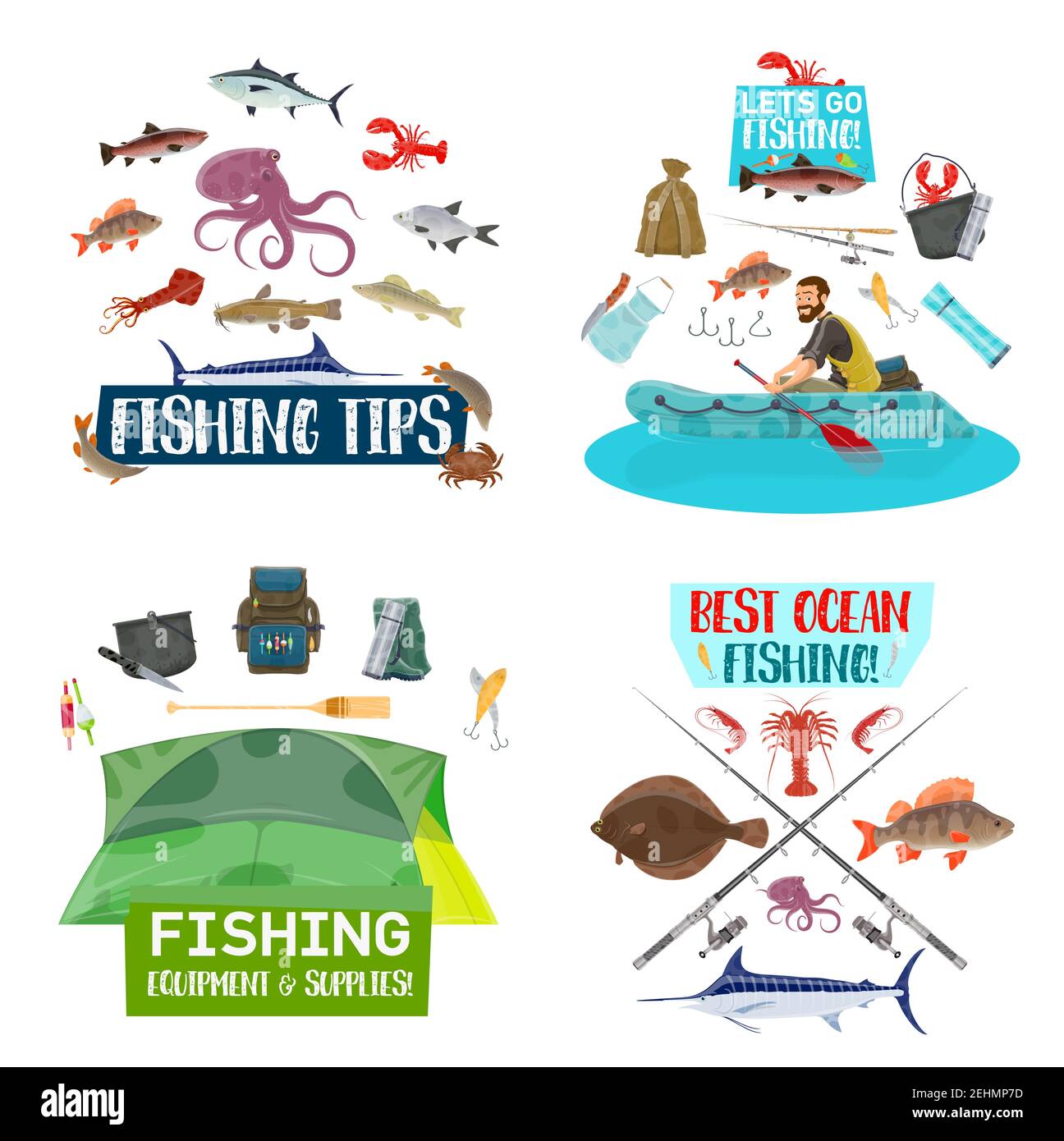 Fisherman with fishing equipment and fish catch symbols. Fisher, fishing rod  and hook, bait, lure and tackle, boat and camp tent icons. Outdoor activi  Stock Vector Image & Art - Alamy