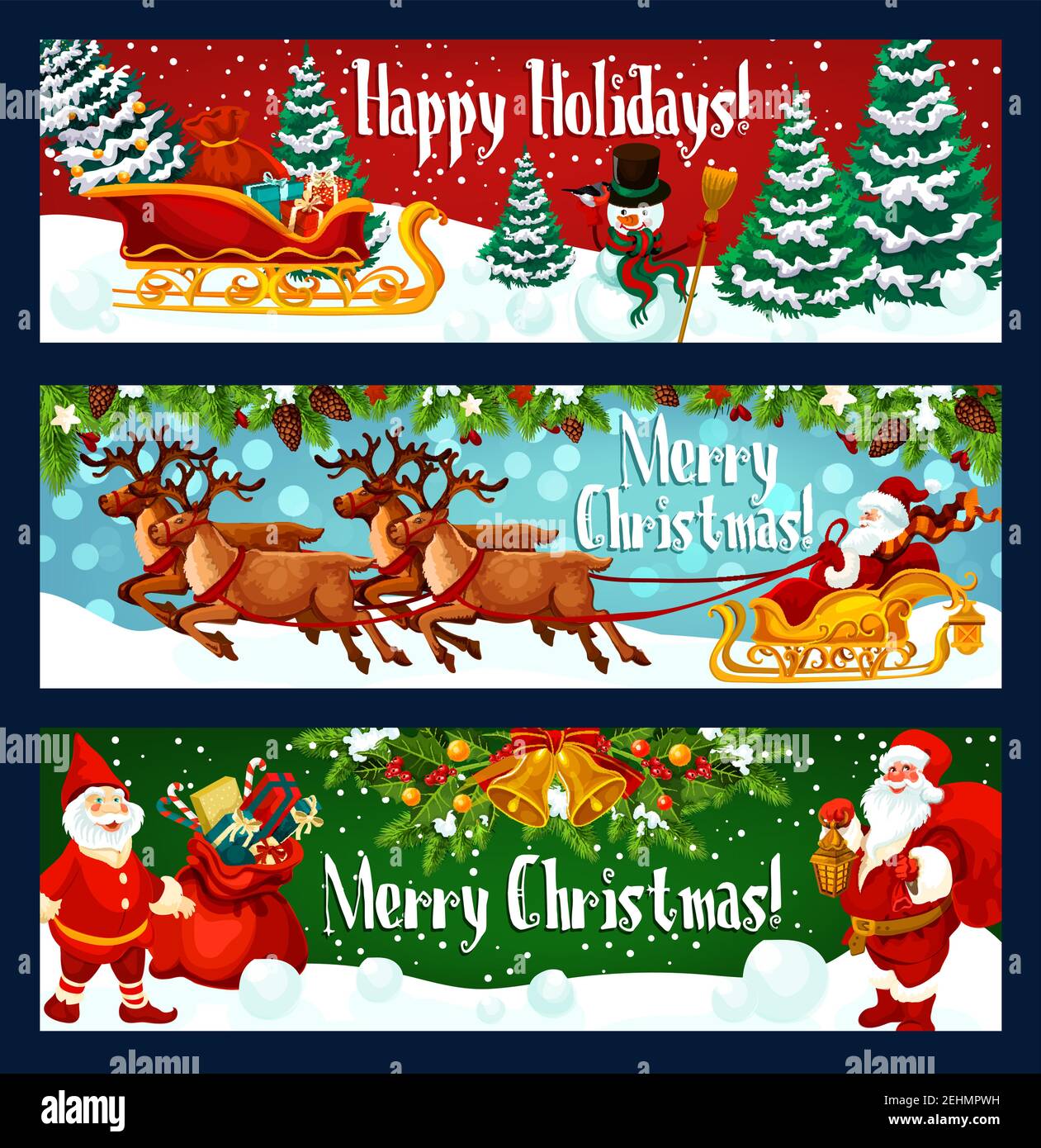 Christmas holiday banner with Santa Claus sleigh and New Year gift ...