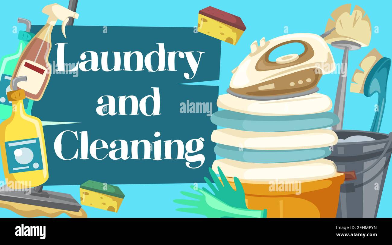 House cleaning, laundry and cleaning items. Spray, brush and sponge, detergent bottle and broom, mop and glove, soap and bucket. Laundry, duster and i Stock Vector