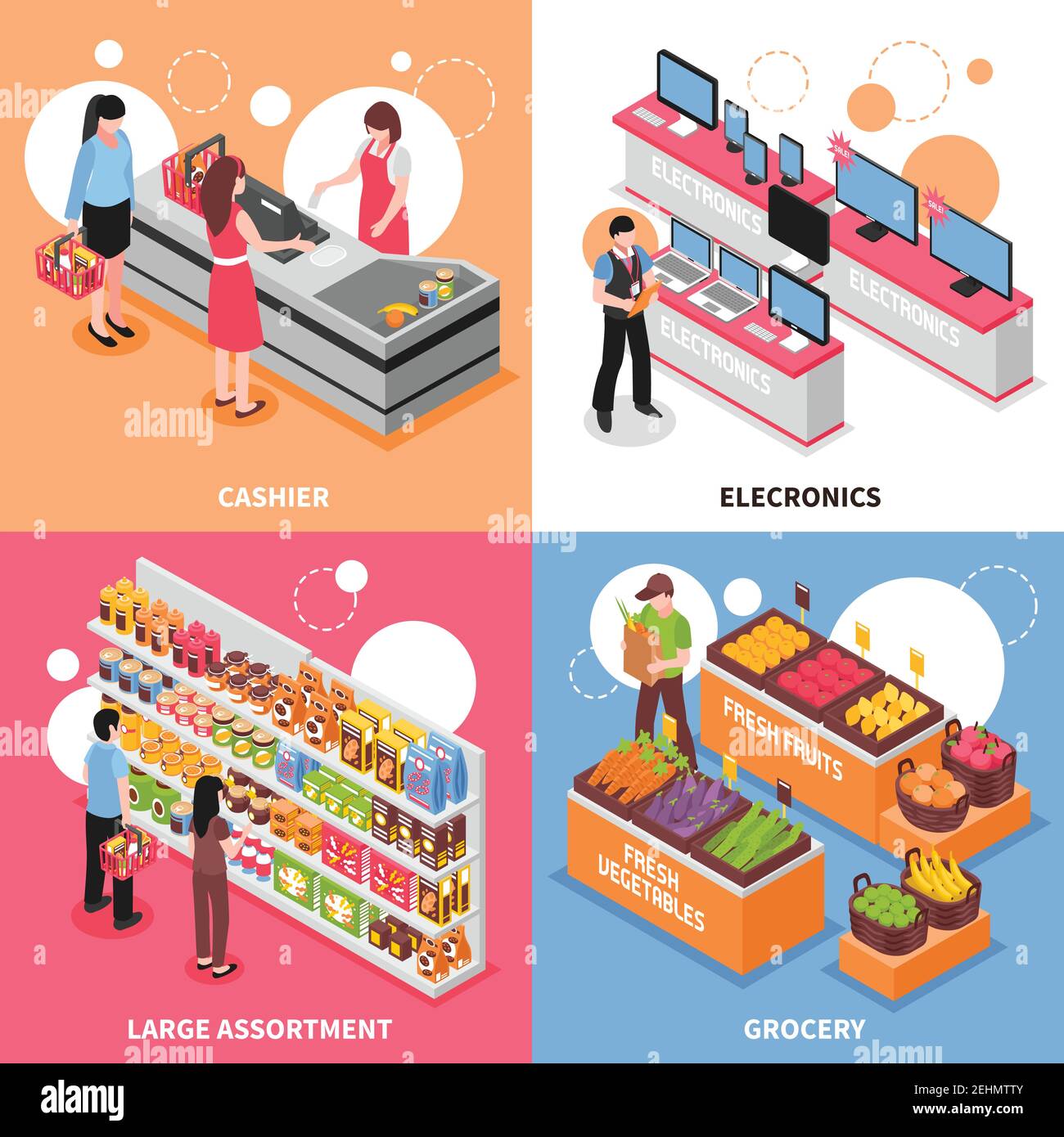 Supermarket isometric concept icons set with large assortment symbols ...