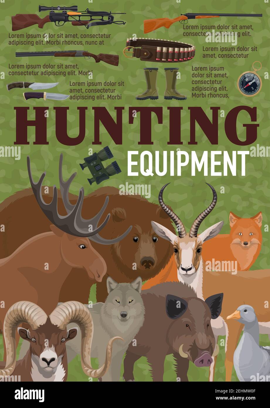 Hunting equipment for hunt sport retro poster with weapon and prey. Crossbow and rifle, knives and gun, bullets and rubber boots. Deer and bear, moose Stock Vector