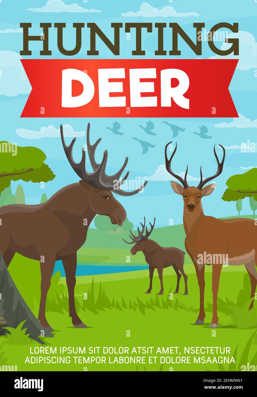 Hunting deer and moose poster with forest animals. Chasing and killing wild  species for sport out on nature, outdoor activity, grass and lake. Hunt as  Stock Vector Image & Art - Alamy