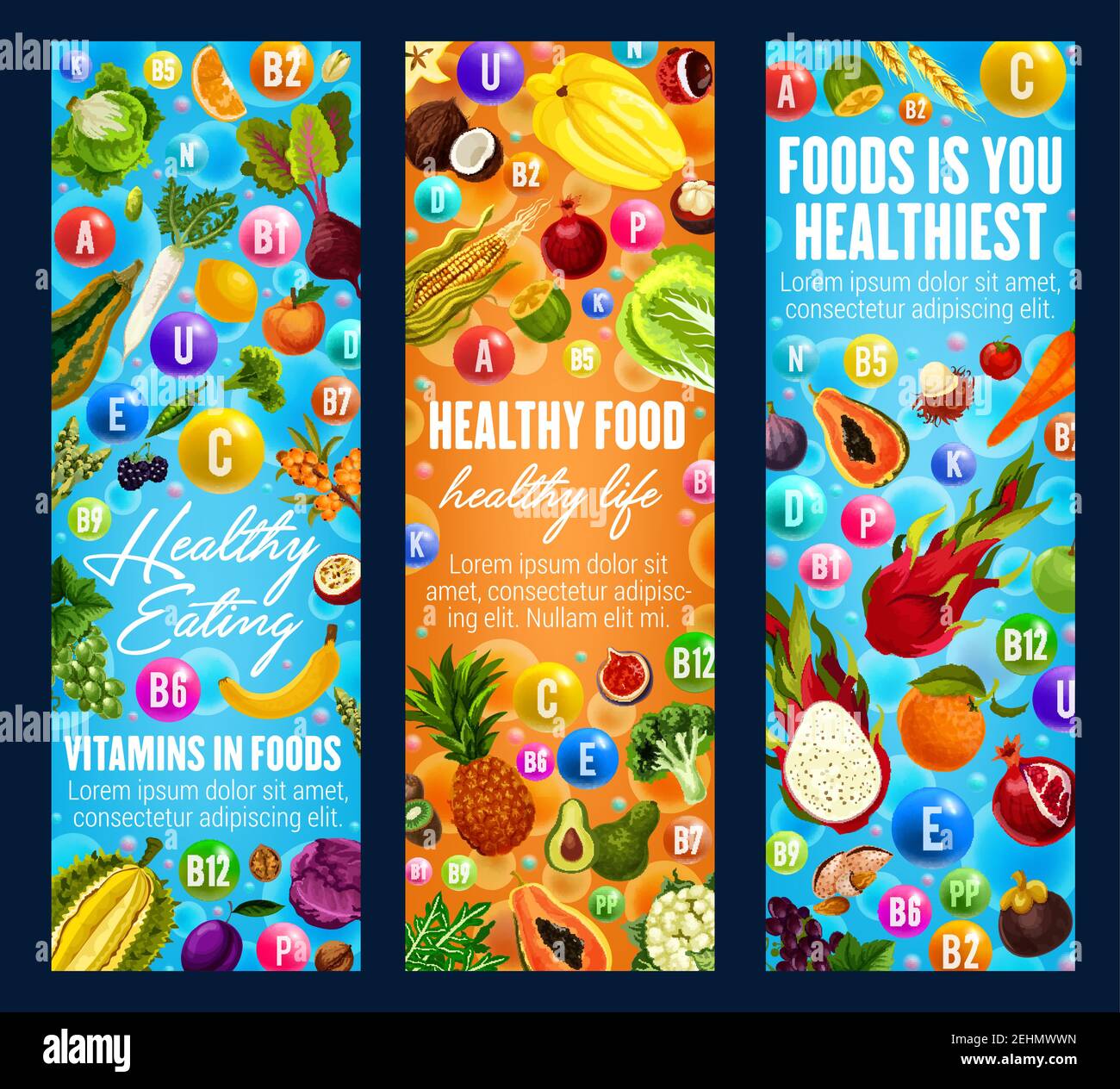 Vitamins A, B, C and minerals E, U, D in food healthy life banners. Exotic fruits and organic vegetables as components of proper nutrition. Dieting ve Stock Vector