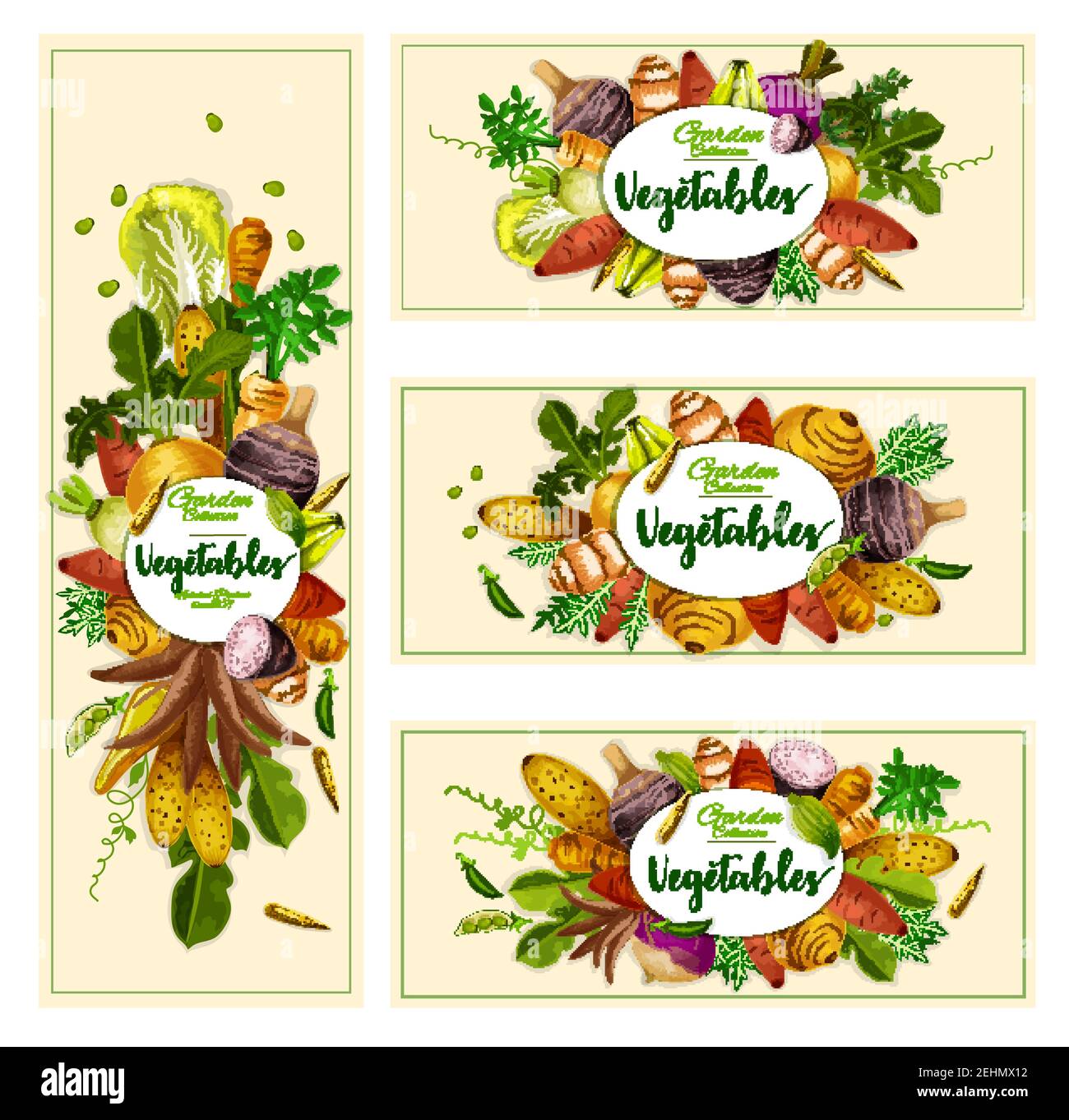 Vegetables and exotic farm veggies banners. Vector natural vegan organic potato, radish or turnip and legume bread beans, artichoke with jicama, yam a Stock Vector