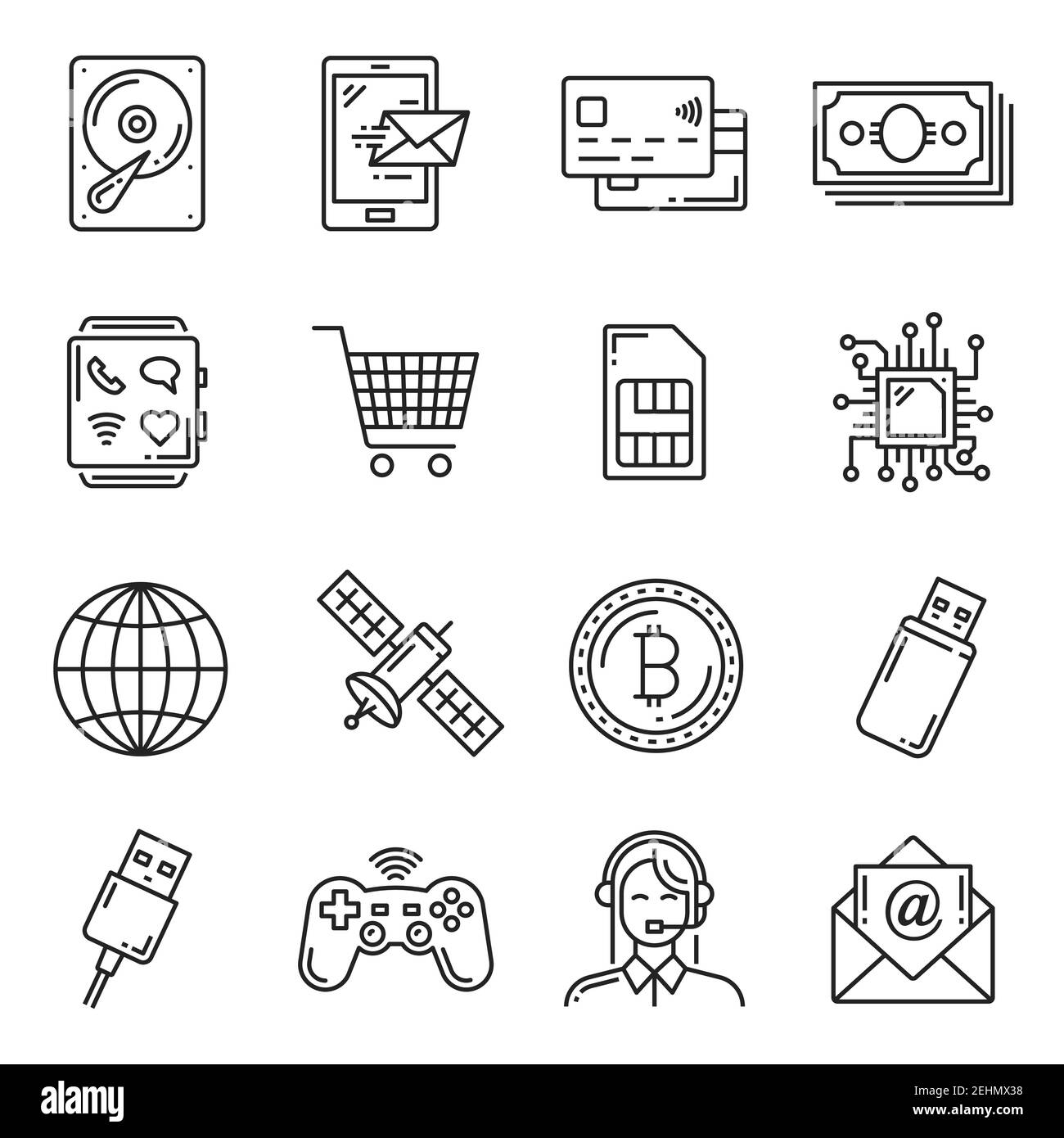 Electronic devices, digital smart gadgets and cryptocurrency technology thin line icons for web store. Vector hard drive, smartphone or credit card an Stock Vector