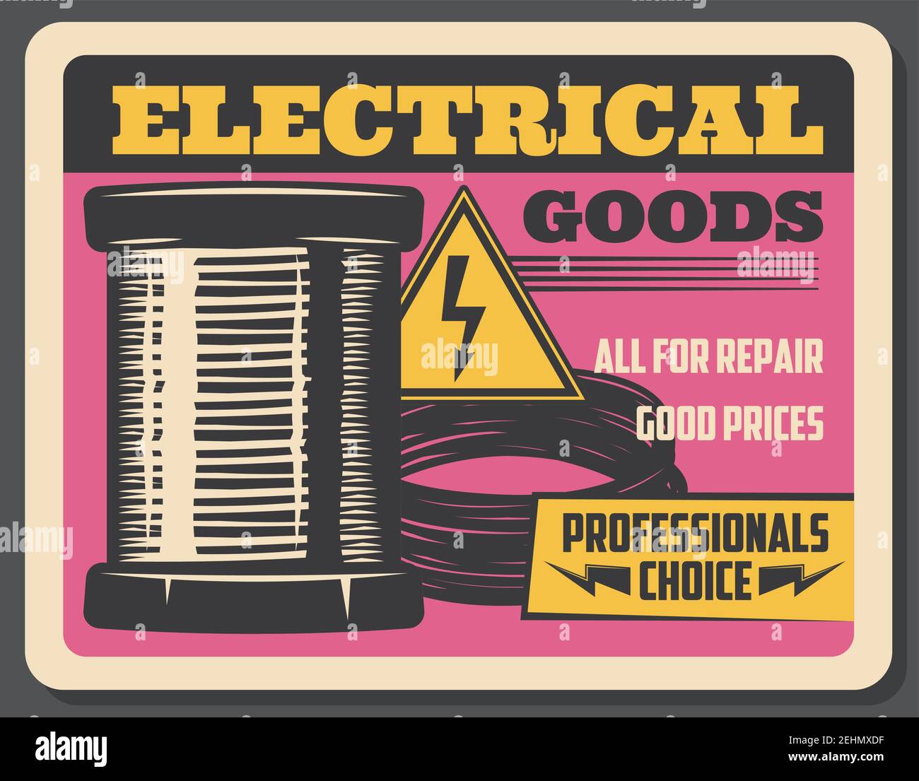 Electrical goods store, vector retro advertisement. Electricity copper coil, cables, high voltage sign. Elerician tools and repair service Stock Vector