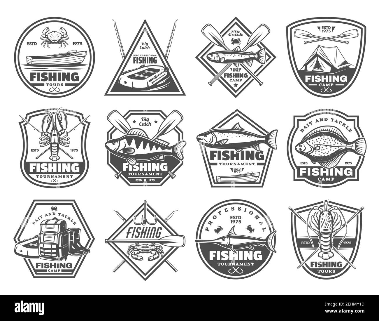 Fishing club or fisher camp icons of fish and rod tackles. Vector fisherman camp tent, boat with paddles and hooks, crab lobster or salmon, flounder a Stock Vector