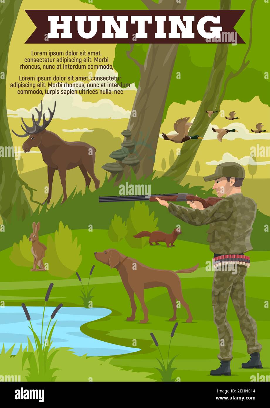 Hunting sport poster with mature hunter, wild animal and dog. Huntsman in military outfit with rifle, duck and moose, rabbit and marten, forest and la Stock Vector