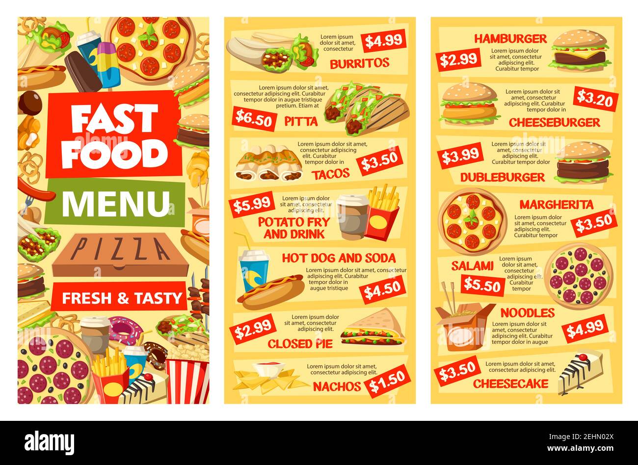 Fast food menu templates vector. Burritos and pitta, tacos, potato fry and drink, hot dog and soda, pie and nachos. Hamburger or cheeseburger, doubleb Stock Vector