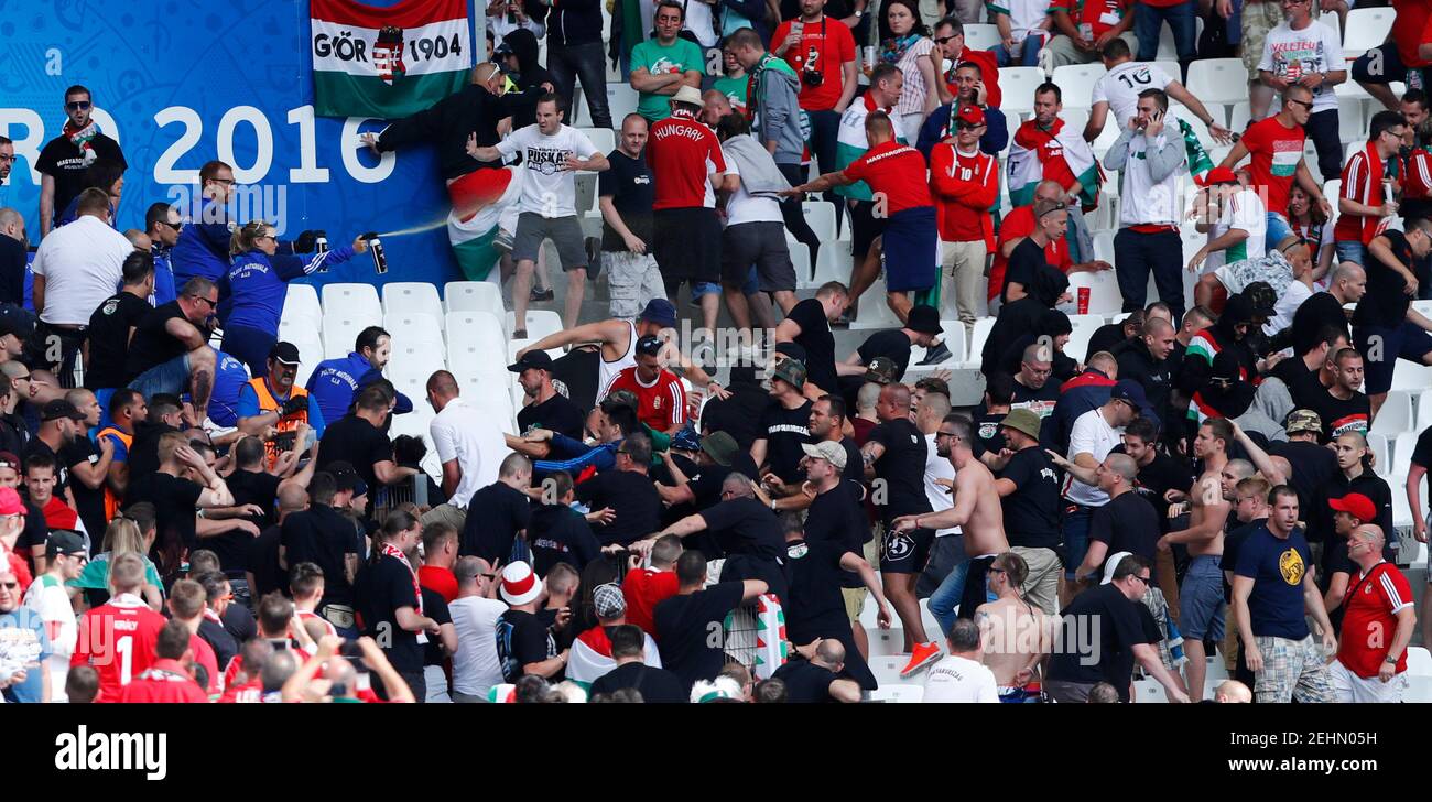 Football Soccer - Iceland v Hungary - EURO 2016 - Group F - Stade Vélodrome, Marseille, France - 18/6/16 Fans clash before the game REUTERS/Eddie Keogh Livepic Stock Photo