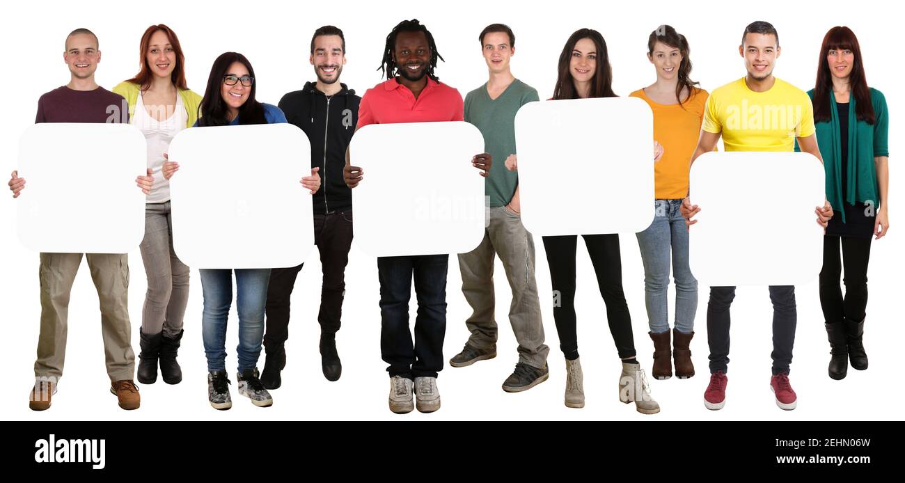 Copyspace copy space for five 5 letters or text group of young multi ethnic people isolated on white Stock Photo