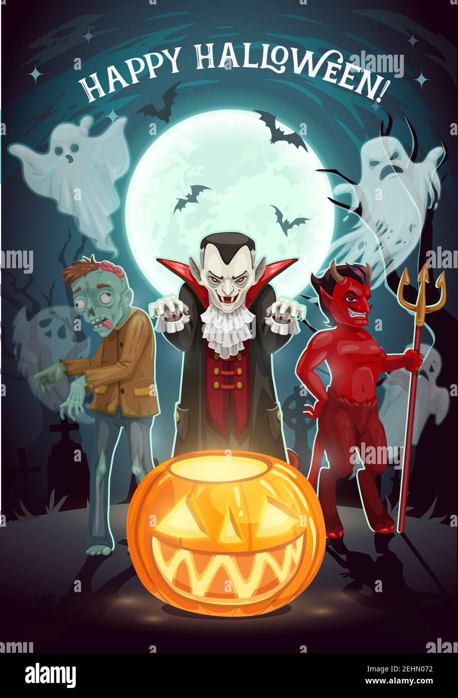 Happy Halloween pumpkin lantern, devil and dracula vampire with zombie ...