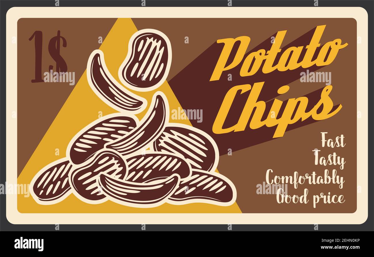 Fast food potato chips poster, restaurant or bistro snacks menu. Vector fried potato signboard, fastfood delivery or takeaway cafe Stock Vector
