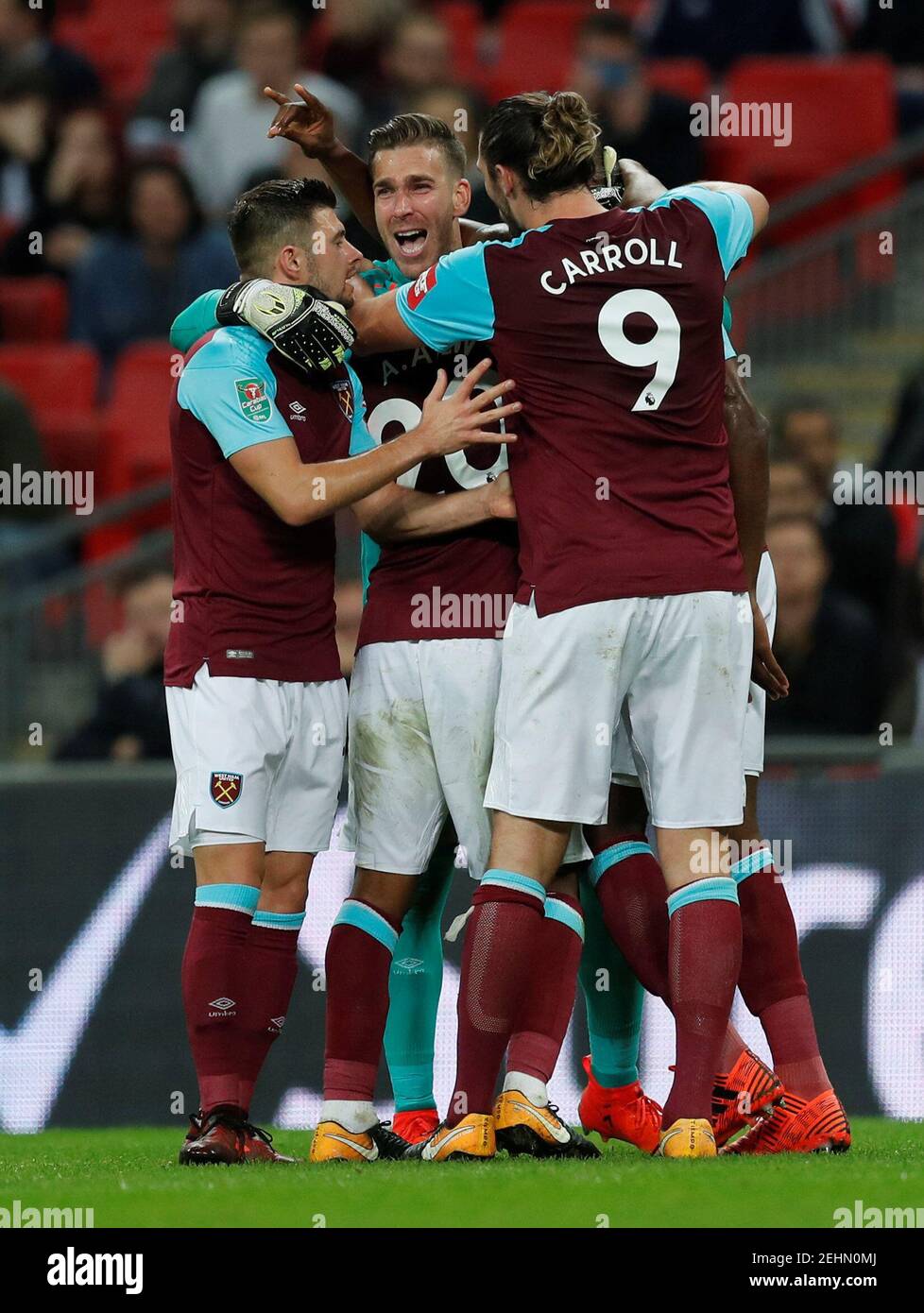 Soccer Football - Carabao Cup Fourth Round - Tottenham Hotspur vs West Ham United - Wembley Stadium, London, Britain - October 25, 2017   West Ham United's Angelo Ogbonna celebrates scoring their third goal with team mates                          REUTERS/Eddie Keogh    EDITORIAL USE ONLY. No use with unauthorized audio, video, data, fixture lists, club/league logos or 'live' services. Online in-match use limited to 75 images, no video emulation. No use in betting, games or single club/league/player publications. Please contact your account representative for further details. Stock Photo