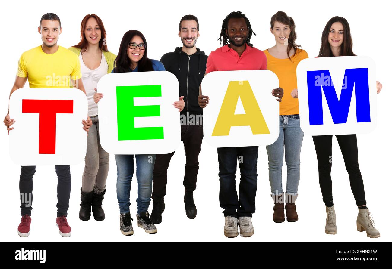 Team work teamwork business concept community group of young multi ethnic people isolated on white Stock Photo