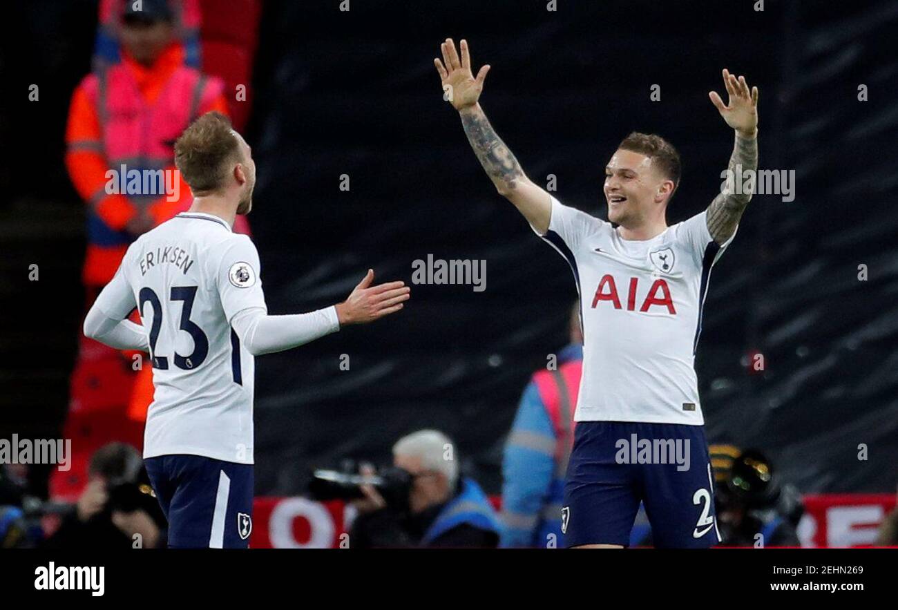 Soccer Football - Premier League - Tottenham Hotspur vs Manchester United - Wembley Stadium, London, Britain - January 31, 2018   Tottenham's Kieran Trippier celebrates with Christian Eriksen after Manchester United's Phil Jones (not pictured) scored an own goal for Tottenham's second goal   REUTERS/Eddie Keogh    EDITORIAL USE ONLY. No use with unauthorized audio, video, data, fixture lists, club/league logos or 'live' services. Online in-match use limited to 75 images, no video emulation. No use in betting, games or single club/league/player publications.  Please contact your account represe Stock Photo