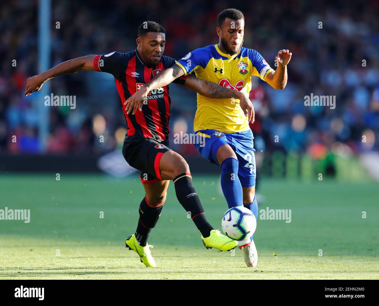 Soccer Football - Premier League - AFC Bournemouth v Southampton - Vitality Stadium, Bournemouth, Britain - October 20, 2018  Bournemouth's Jordon Ibe in action with Southampton's Nathan Redmond   REUTERS/Eddie Keogh  EDITORIAL USE ONLY. No use with unauthorized audio, video, data, fixture lists, club/league logos or 'live' services. Online in-match use limited to 75 images, no video emulation. No use in betting, games or single club/league/player publications.  Please contact your account representative for further details. Stock Photo