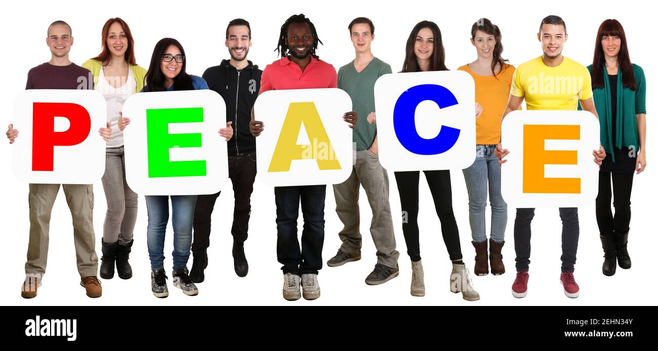 Peace peaceful pacifist group of young multi ethnic people isolated on white Stock Photo