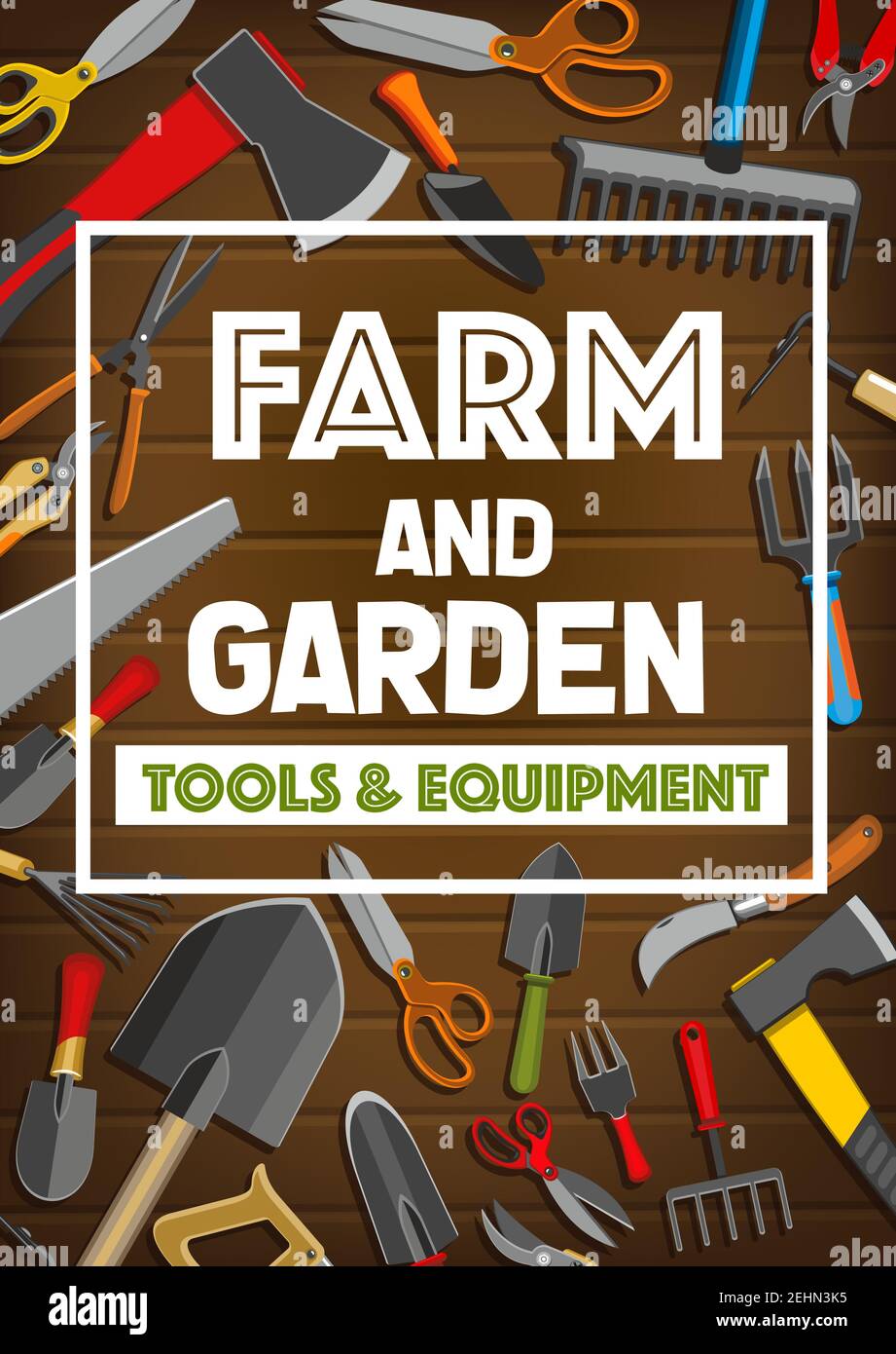 Farm tools and garden equipment poster for gardener shop. Vector frame  design of gardening hammer, secateurs scissors or spade and rake with hoe  hack Stock Vector Image & Art - Alamy
