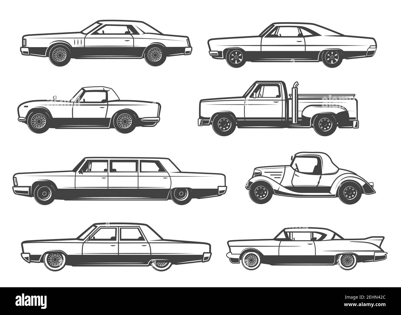 Retro cars and vintage automobile models. Vector thin line icons of mini car with retractable hood or cabriolet, collector antique taxi cab or pickup Stock Vector