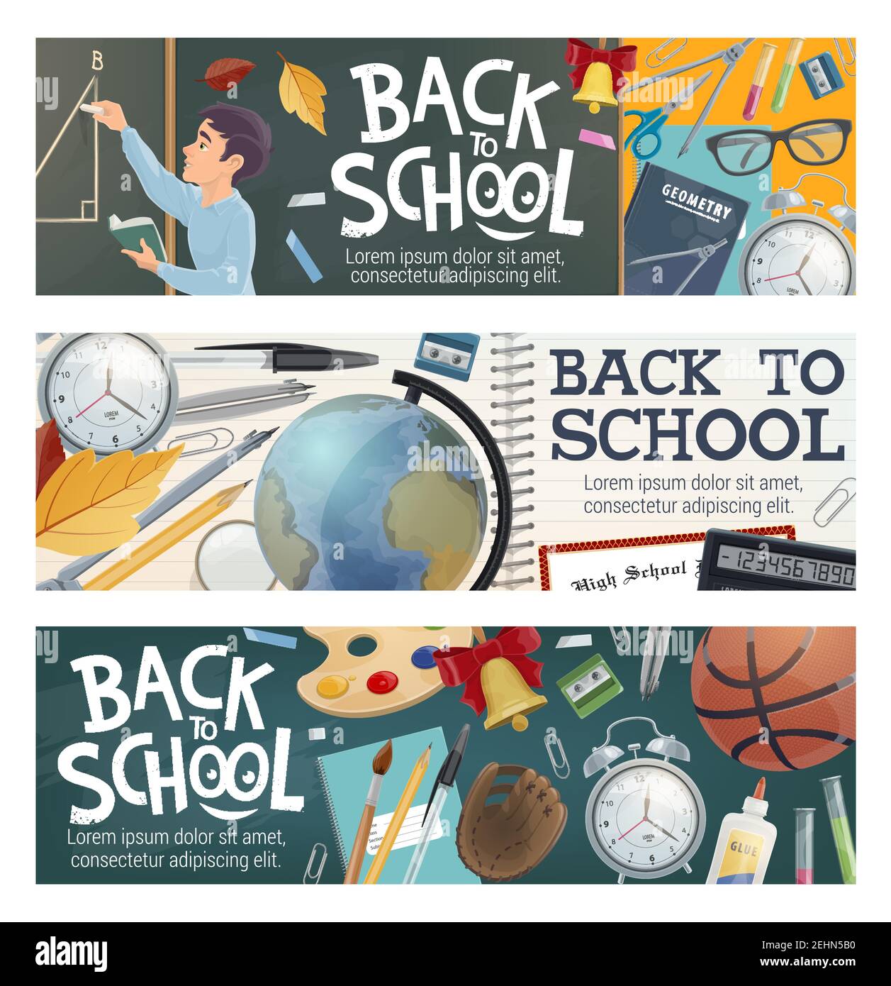 Back to school banners with education items and student supplies ...