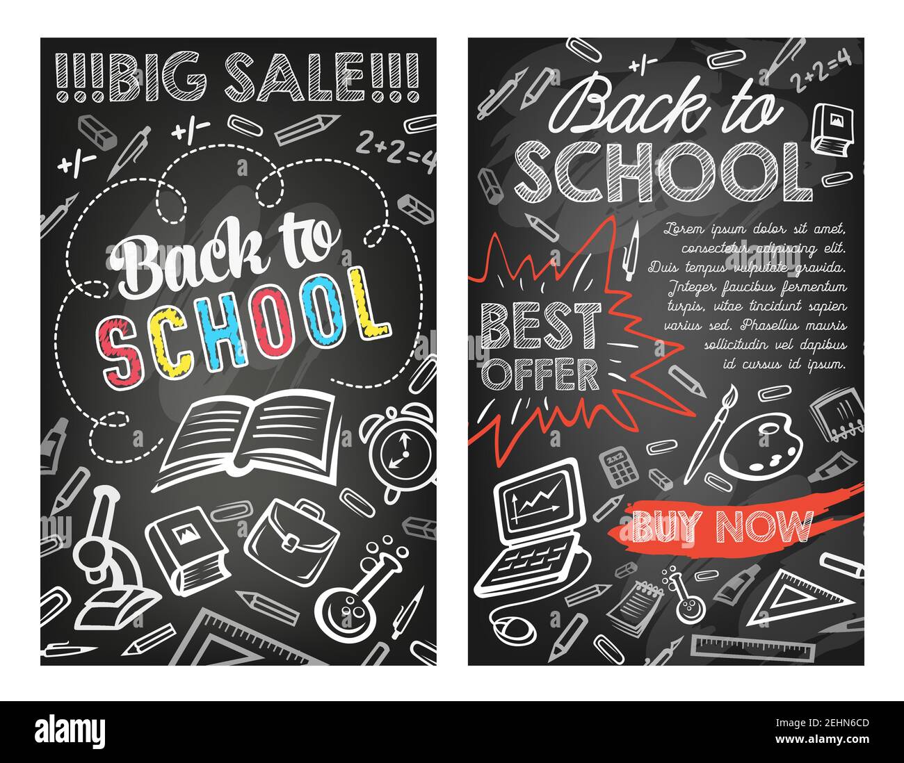 Back to School sale posters for education stationery shop discount offer on black chalkboard background. Vector school bag, geography globe or microsc Stock Vector