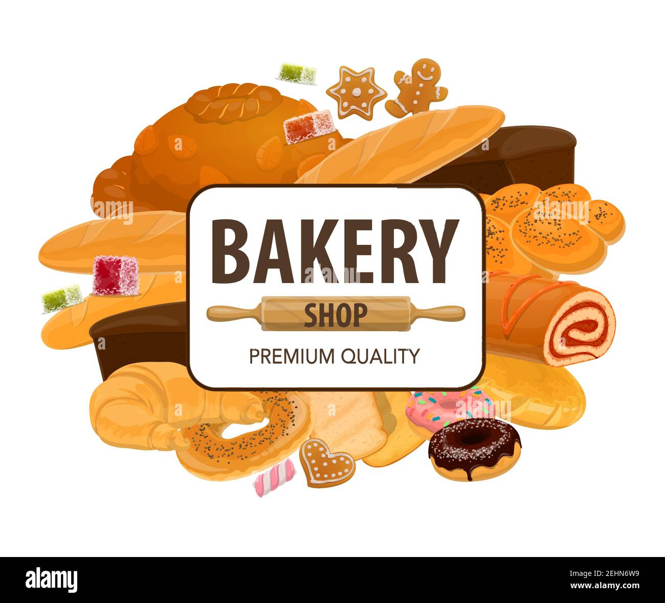 Bakery shop bread, pastry and cakes. Vector baker wheat bagel, toast or ...