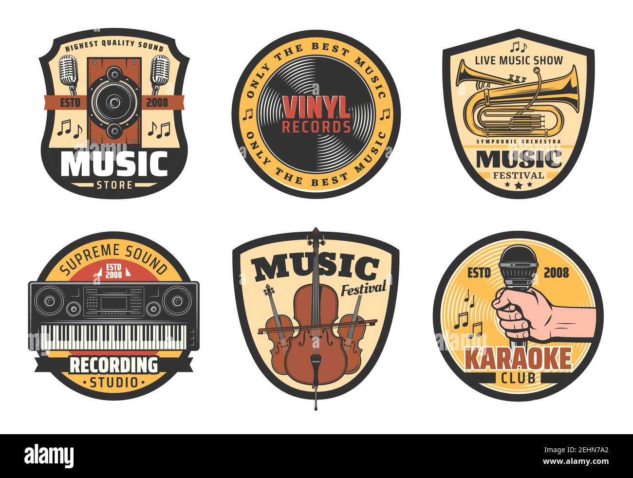 Music icons for musical instruments store, records label or festival and recoding studio or karaoke club. Vector microphone, speaker and vinyl disk or Stock Vector