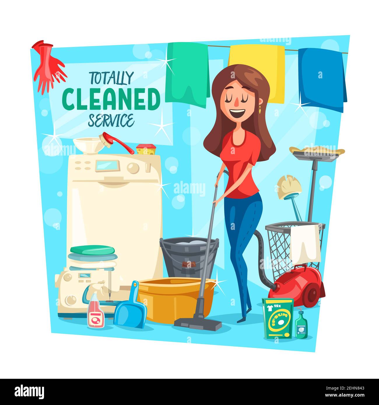 Home cleaning service, vector. Cartoon housewife woman with laundry in
