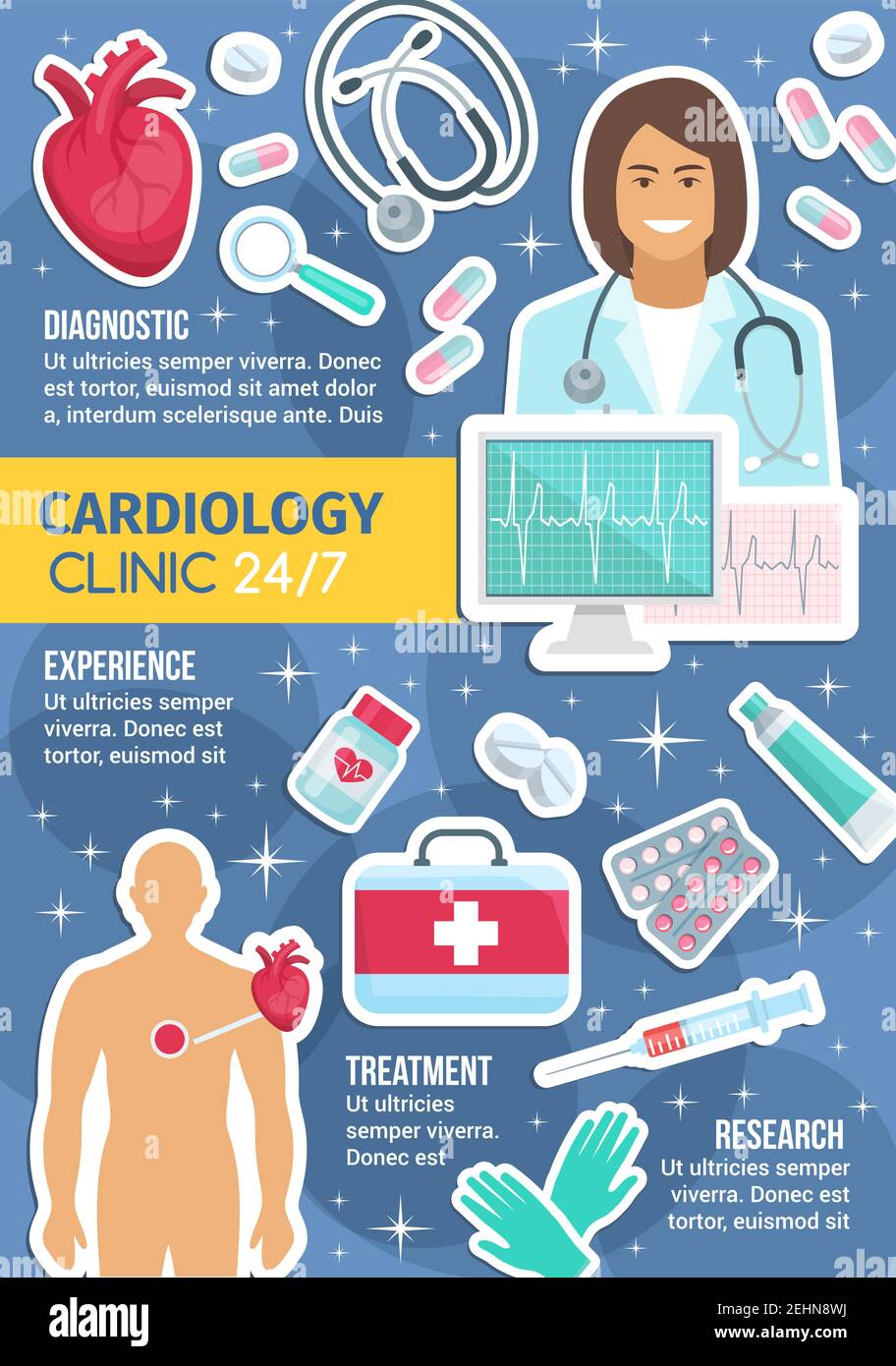 Cardiology clinic and everyday service. Vector cardiologist doctor with heart pulse on cardiogram, cardio treatment pills or first aid kit, human hear Stock Vector