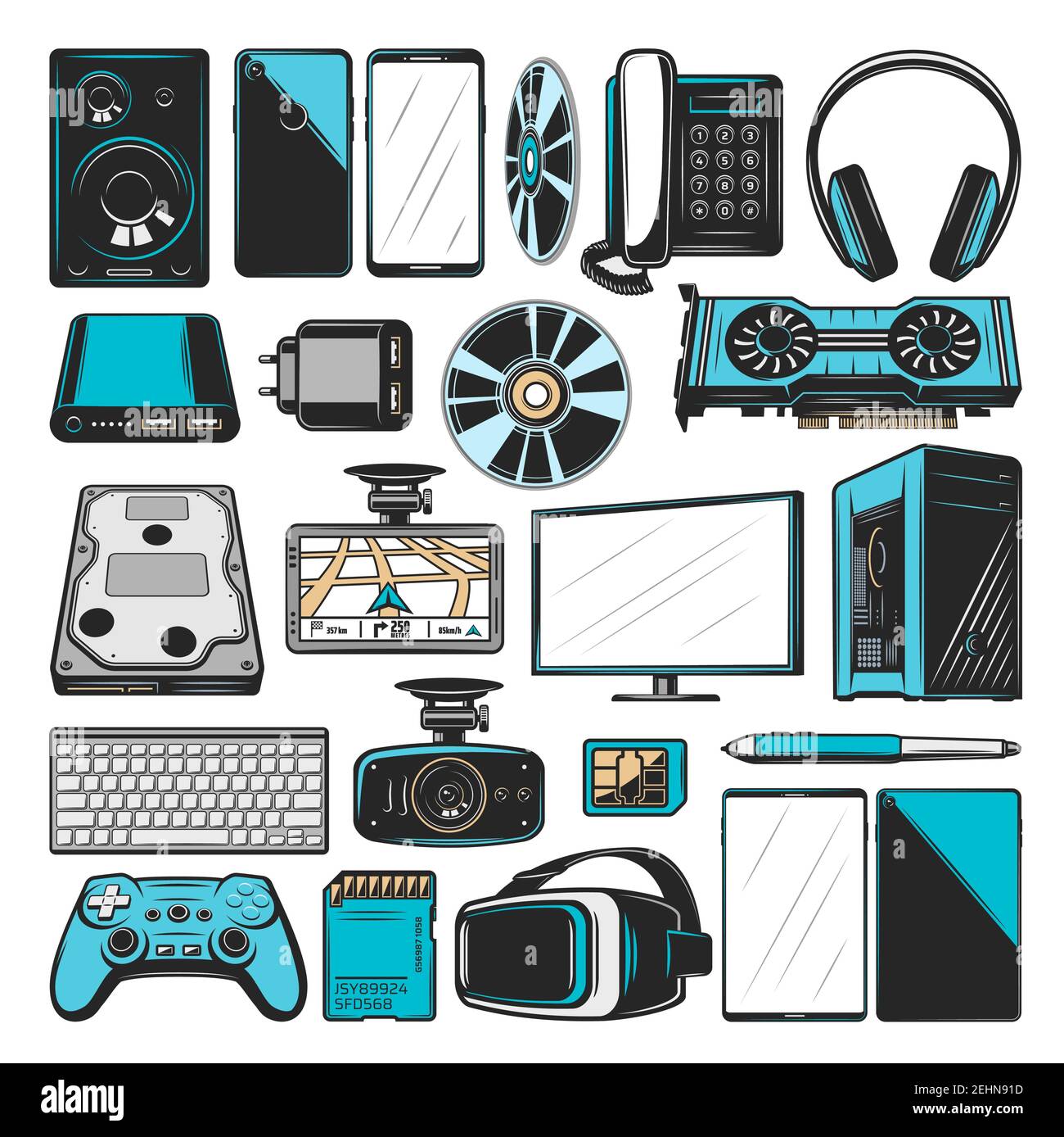 Electronics, computers or multimedia and smart devices icons. Vector PC  monitor or desktop computer with Hi-Fi audio loudspeaker, VR glasses and  conso Stock Vector Image & Art - Alamy