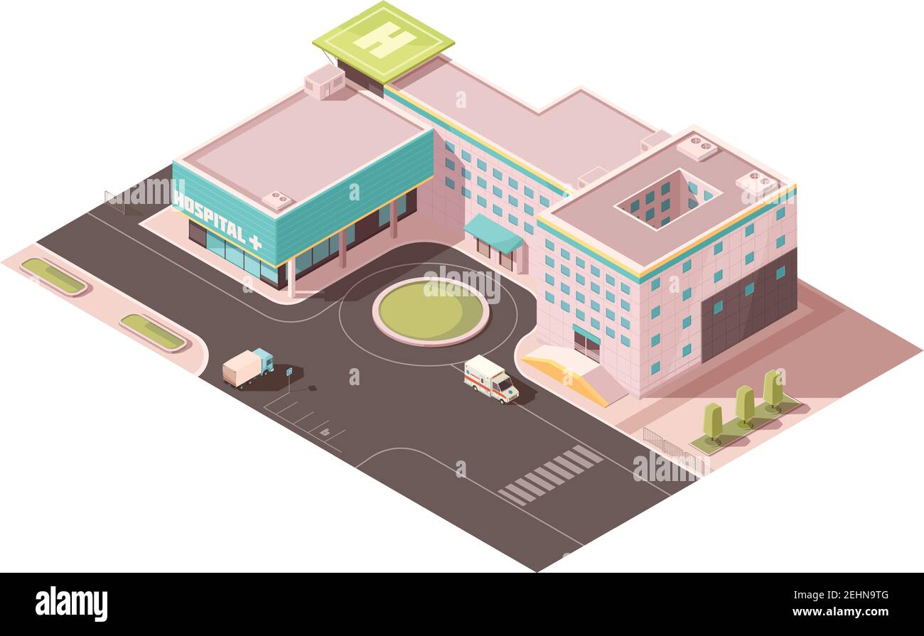 Hospital with signage, helicopter pad and ventilation equipment on roof, road infrastructure, transportation  isometric mockup vector illustration Stock Vector