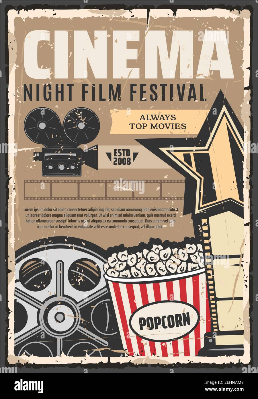 Cinema night film festival retro advertisement poster. Vector vintage design of cinematography camera with movie star award and popcorn snack for prem Stock Vector