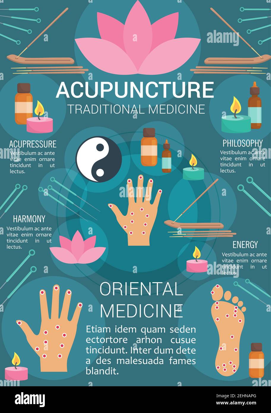 Acupuncture medicine poster for traditional Asian treatment. Vector design  of acupuncture needles on hand and foot sensory points, aromatherapy oil ca  Stock Vector Image & Art - Alamy