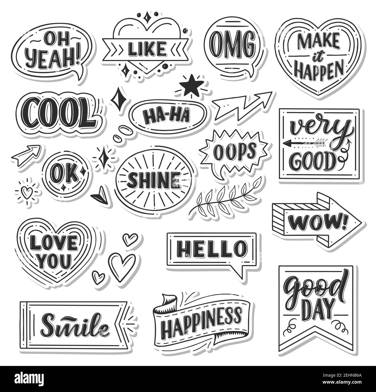 Quotes and sound blasts stickers. Vector sketch doodle icons, ribbons or arrows and banners or chat messages for Yeah, smile or hello and happiness gr Stock Vector