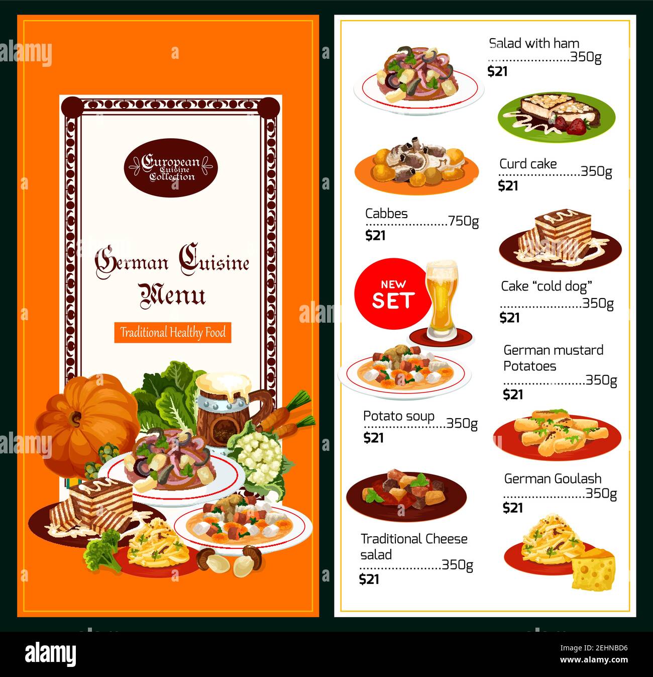 Germany cuisine menu, healthy traditional food. Vector salad with ham or cheese and curd cake, cabbages and cold dog, mustard potatoes and soup, goula Stock Vector