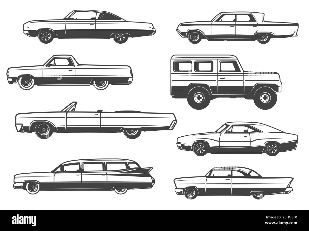 Retro cars and vintage rarity automobile models. Vector luxury