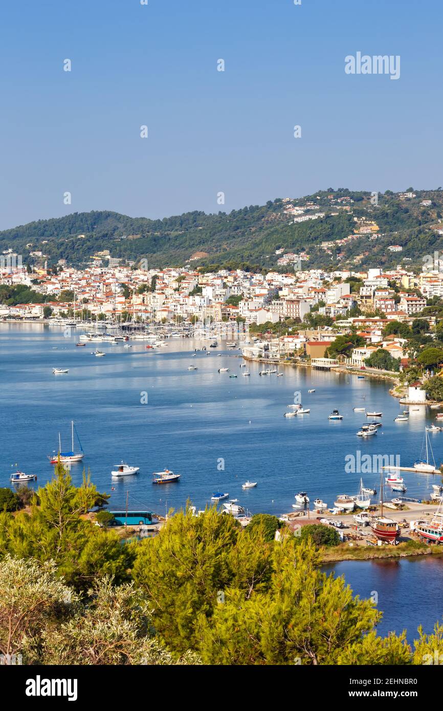 Skiathos island Greece port harbor overview portrait format landscape Mediterranean Sea Aegean travel traveling Stock Photo