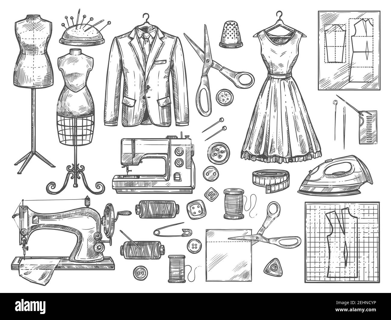 Tailor or dressmaker work and fashion designer atelier sketch items. Vector sewing machine or seamstress pattern cut and dress fitting dummy mannequin Stock Vector