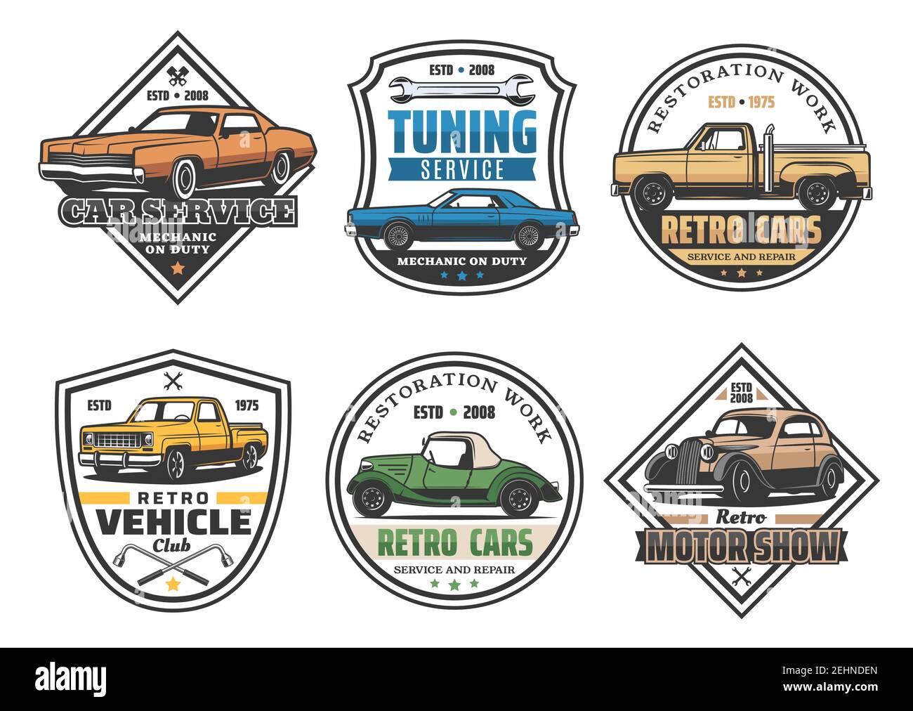 Car repair service retro icons for automobile tuning or restoration works. Vector signs set of old transport and wrenches, garage station and motor sh Stock Vector