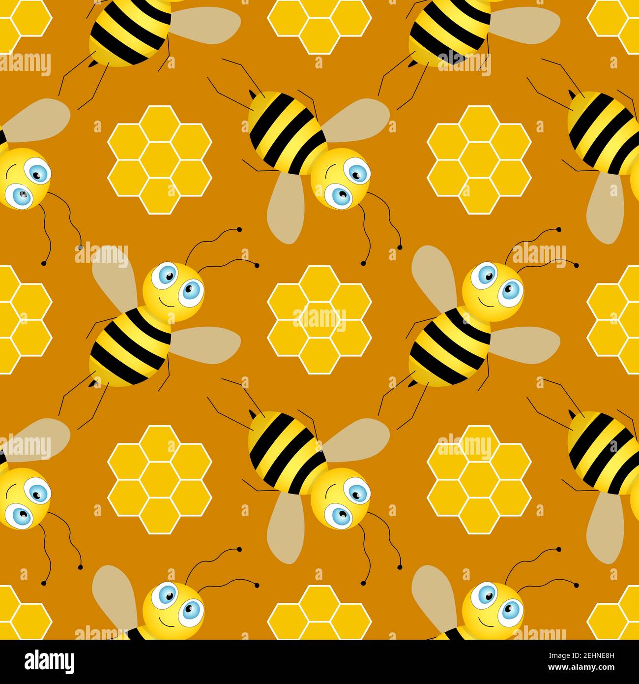Seamless pattern with bees and honeycombs on brown background. Small ...
